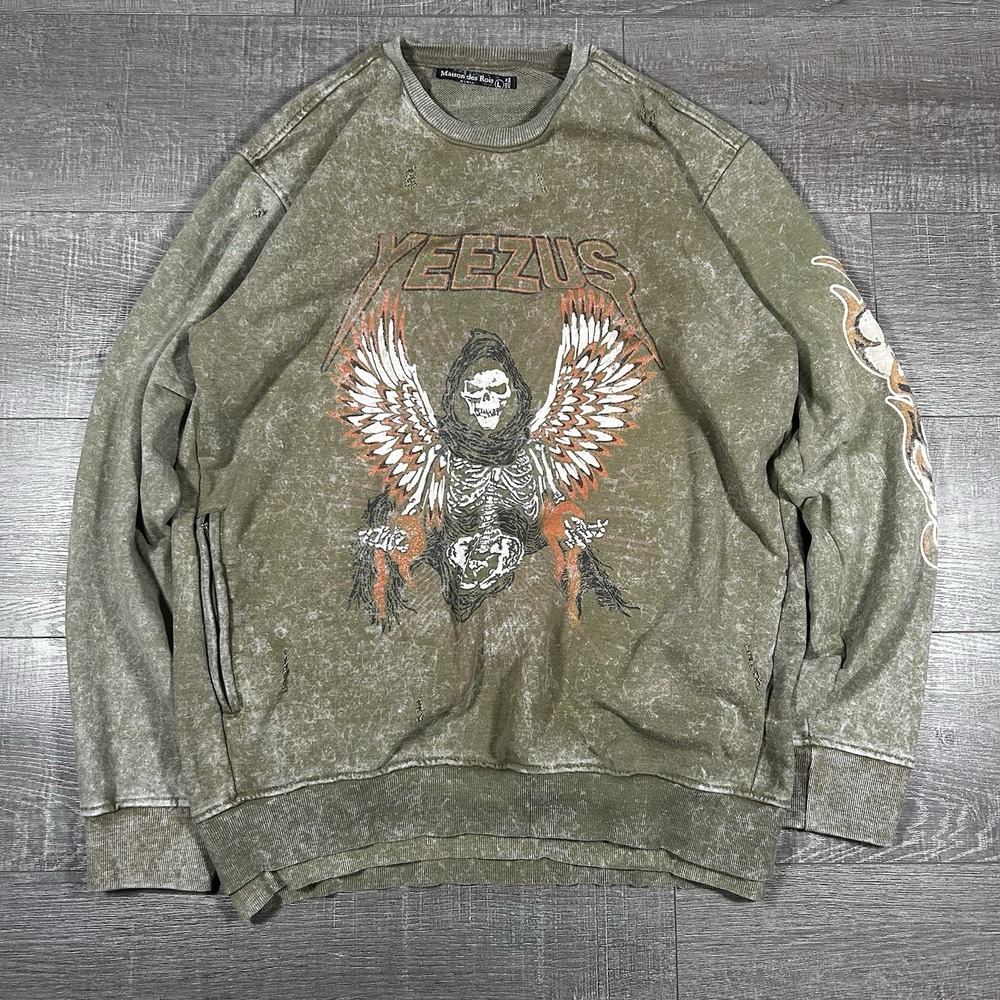 Maison des Rois Yeezus Sweatshirt Mens Large Olive Green Distressed Graphic Crew